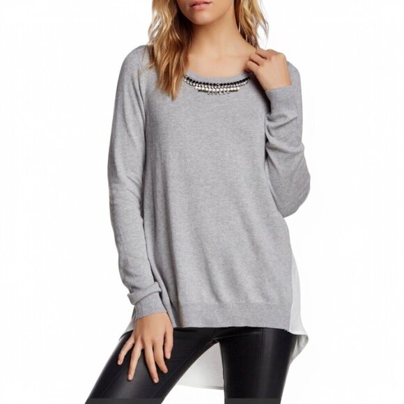NWT Vince Camuto Jeweled Neck Sweater Sz.M Gray Chiffon Hem Oversized Preppy - Picture 1 of 9